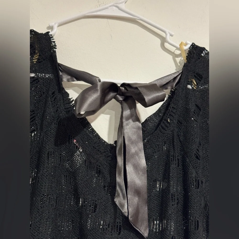 Si Designs Black Crochet Swim Cover Up Dress Ruched Tie Back Beachwear Size S
